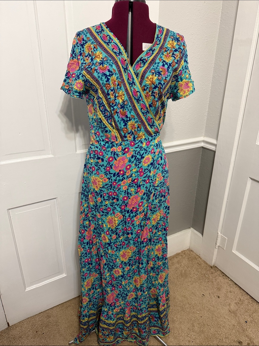 Teal Floral Wrap Maxi Dress with Pink & Yellow Blooms